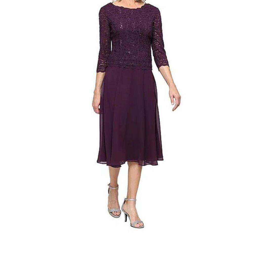 Alex Evenings Plum Sequin Lace Bodice Chiffon A-Line Midi Dress 3/4 Sleeve